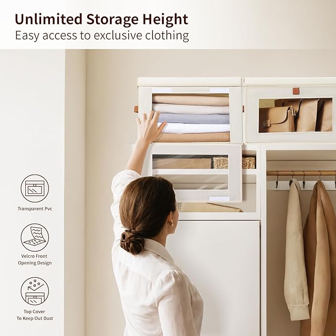 Homsorout Clothes Storage Bins with Window &amp Flap Closet Organizer with Handles Decorative Basket for Home Dorm Beige