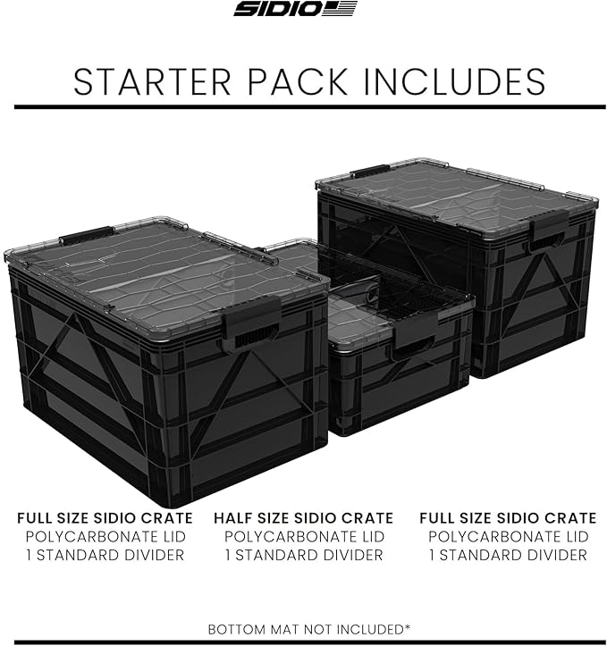 SIDIO CRATE Starter Pack - Two Full Size and One Half Size SidioCrate Stackable Outdoor Organizer Storage Bins with Clear Lid and Dividers - Black