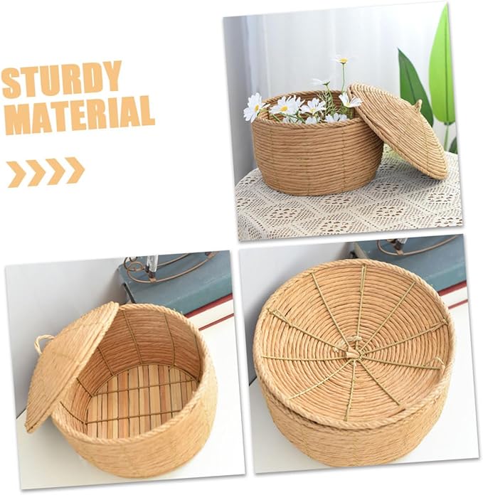 KOMBIUDA Handwoven Woven Storage Basket with Lid Small Decorative Rattan Container for Organizing Toys Pantry and Home Supplies Versatile Table Storage Solution
