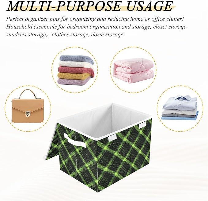 AIXIWAWA Lidded Storage Cube (Green Plaid) Fabric Foldable Closet Bins with Flip Lid and Handles Organizer Basket Container 16.5 x 12.6 x 11.8 IN