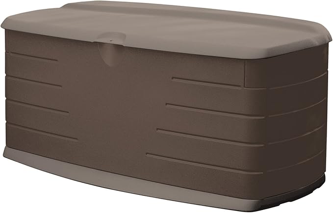 Rubbermaid Large Resin Outdoor Storage Deck Box with Seat (90 Gal) Weather Resistant Brown Deck Organization for Home/Backyard/Pool Chemicals/Toys/Garden Tools/Porch/Patio Cushions
