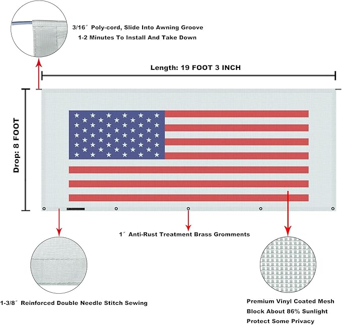 Tentproinc RV Awning Sun Shade Screen 8' X 19' 3'' (American Flag) Gray Mesh Sunshade Camper Trailer Awning Shade Screen UV Blocker Completed Kits