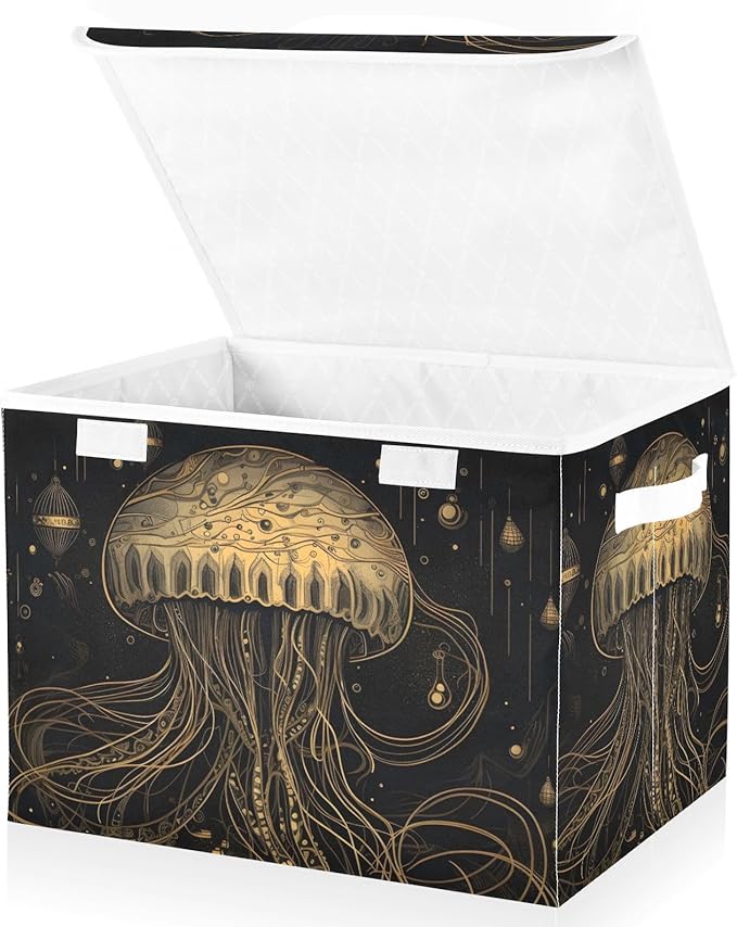 Golden Jellyfish Storage Cube with Lid Collapsible Flip-top locker Fabric Storage Bins Basket with Handle for Home Bedroom Closet Office 16.5×12.6×11.8 in