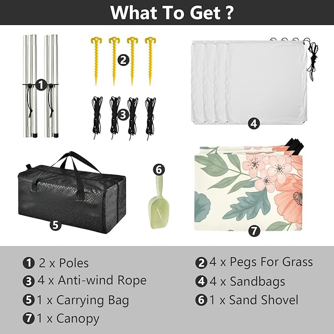 xigua Wildflowers Beach Tent Sun Shelter with Carrying Bag - Silver Coated Oxford Fabric Beach Canopy for Beach Camping Fishing - Includes Windproof Ropes Sandbags &amp Stakes