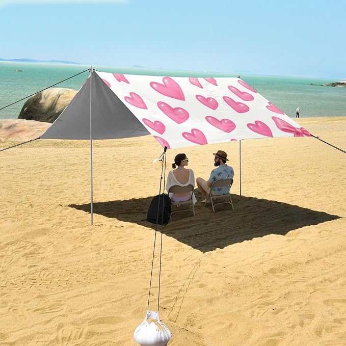 xigua Bows and Hearts Beach Tent Sun Shelter with Carrying Bag - Silver Coated Oxford Fabric Beach Canopy for Beach Camping Fishing - Includes Windproof Ropes Sandbags &amp Stakes