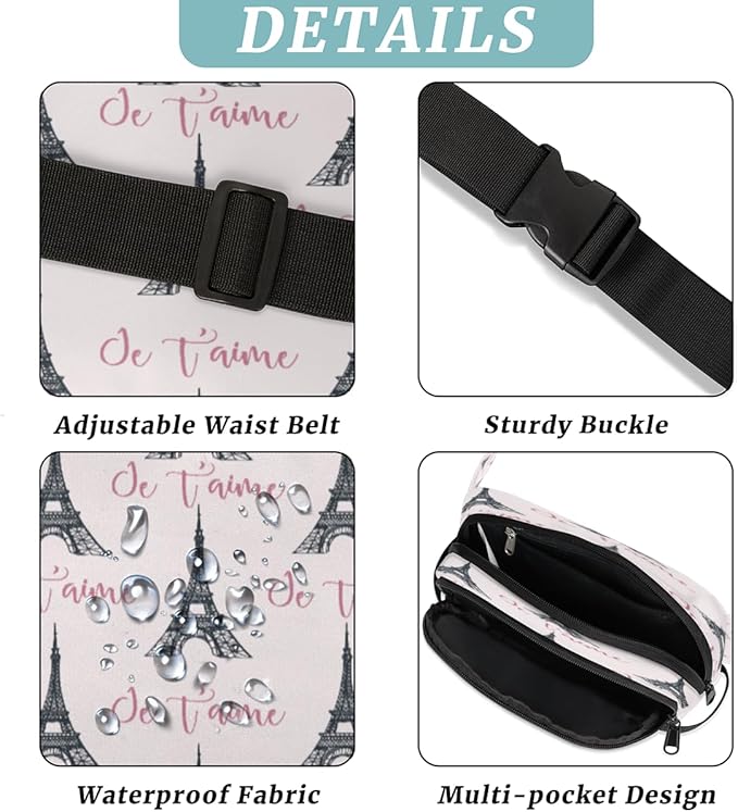 Paris Tower Waterproof Fanny Pack for Women Men Adjustable Waist Bag with Double Zipper Pockets Lightweight Square Hip Pack for Running Travel Hiking Workout Cycling