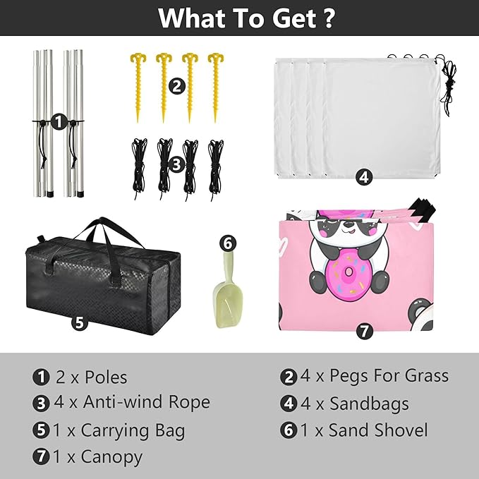 Panda Beach Canopy Sun Shelter with Sandbags &amp Sand Shovel &amp Windproof Ropes - Portable 110x126 Beach Shade Beach Tent for Camping Picnics