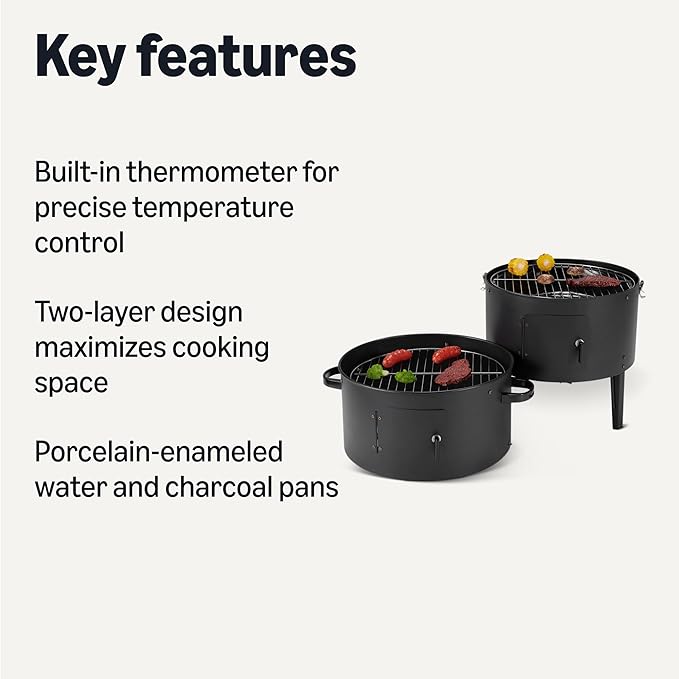 Amazon Basics 16 inch Vertical Charcoal Outdoor Smoker BBQ Grill with Built-in Thermometer 2-Layer Design Adjustable Air Supply Control Black