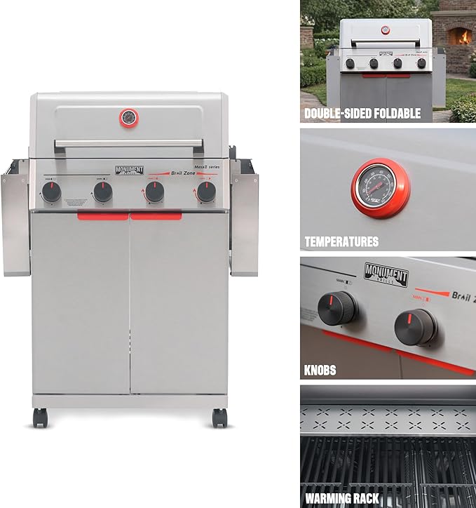 Monument Grills 4 Burner Stainless Steel Propane Gas Grill M2 500°F in 5 Mins 525 sq.in 37000 BTU with Broil Zone Foldable Side Shelves Knob Controls Built in Thermometer with Paper Rack