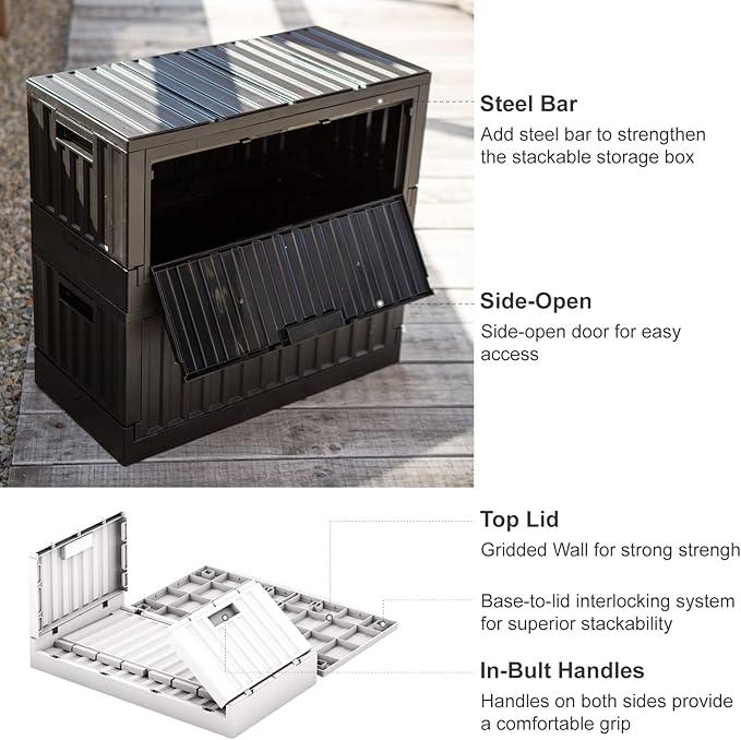 livinbox 45L Stackable Foldable bins for storage Collapsible Storage Bins w/lids Side-Open Door Home Office Bedroom Living Room Comic Books Black FB-6432S-BK