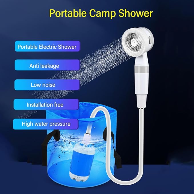 Luocute Portable Camp Shower Rechargeable 4000mAh Battery Outdoor Shower Pump with Silicone Massage Head and Stainless Steel Panel for Camping Hiking Travel