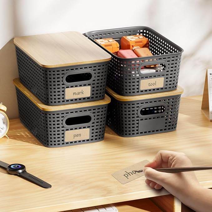 6Pcs Storage Bins with Lids Stackable Plastic Storage Basket with Bamboo Lid Pantry Organizer Box Small Containers for Organizing Shelves Drawer Desktop Closet Cabinet Office Classroom 10x7.1x4.1in