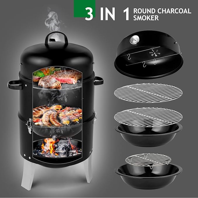 LEADZM 3-in-1 Vertical Charcoal Grill Outdoor BBQ Charcoal Smoker with Built-in Thermometer Air Vent and 2 Access Doors Perfect for Camping Picnics Backyard BBQs and Tailgating Parties