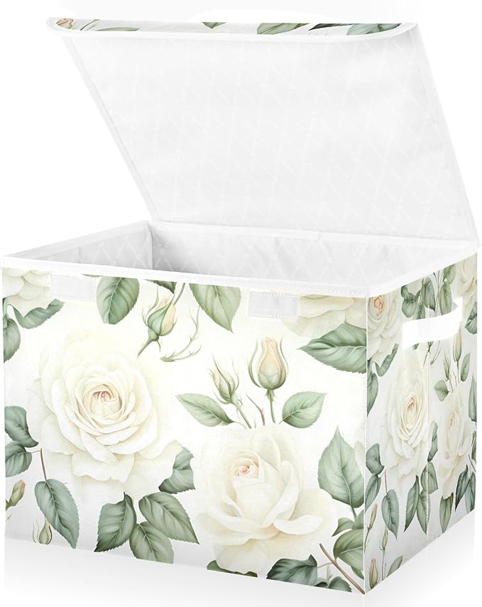 Flower Baskets Collapsible Storage Bins with Lids White Rose Flower Storage Boxes Clothes Baskets for Organizing