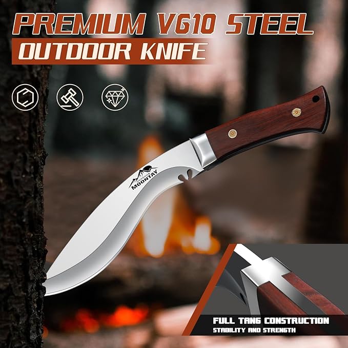 Moontay Fixed Blade Kukri Knife - VG10 Steel Hunting Knife with Sheath Full Tang Survival Knives with Wood Handle for Bushcraft Camping Fishing Hiking BBQ Christmas Gifts for Men and Women