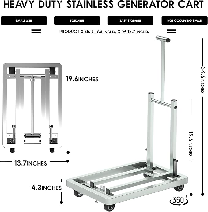 Generator Wheel KitGeneratorCart500LB Heavy-Duty GeneratorCart with Wheels Made of 100% Sstainless Steel(19.6X13.7inches) (Stainless Steel Iron Color)