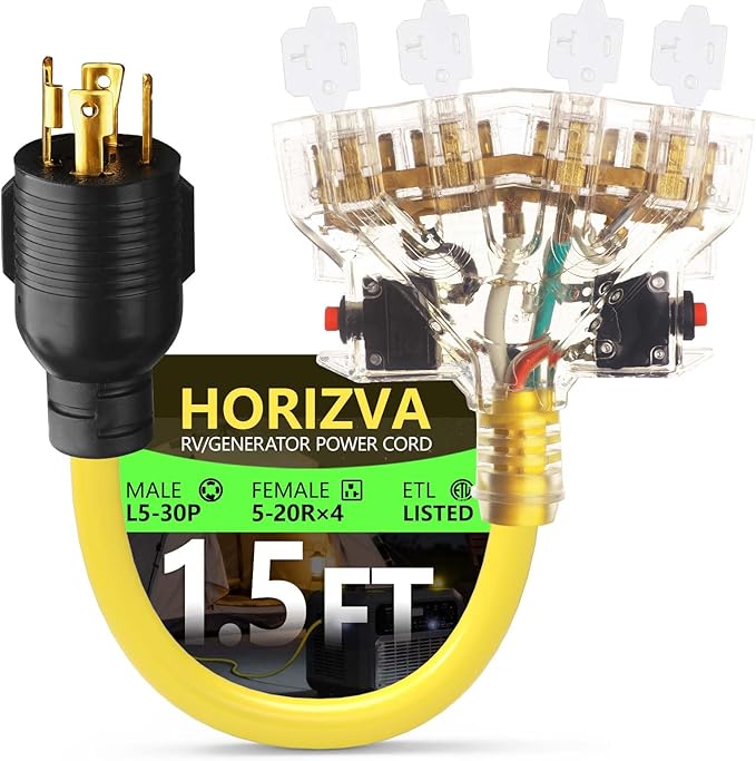 30 Amp to 20 Amp Adapter 1.5FT Locking 4 Prong L14-30P to 3X 5-20R/5-15R Adapter with Circuit Breaker 10/4 AWG Generator Power Cord 125/250V Max 7500 Watts ETL Listed