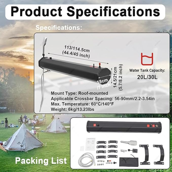 20L/30L Pressurized Water Tank for Camping Shower Roof-Rack Shower for Off-Road Vehicles Pick-up Trucks SUV Solar Car Shower Water Tank for Outdoor Activities Water Supply20L