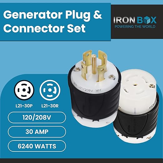 Iron Box L21-30 Generator Plug and Connector Set L21-30P + L21-30R 30A Durable Materials 120/208V 5-Wire Locking Power Cord End Industrial Grade Nylon Housing 6240W Generator Cable 12/5 AWG (5pack)