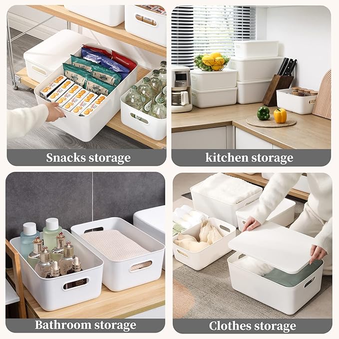Yishyfier Plastic Storage Baskets Bins Boxes With LidsOrganizing Container White Storage Organizer Bins For Shelves Drawers Desktop Playroom Classroom Office3-Pack(M+2S)