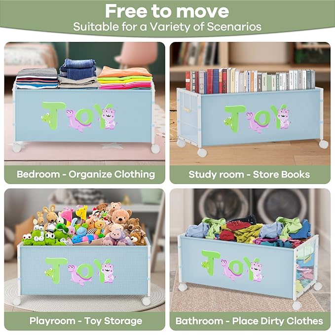 Large Toy Box with Wheels 120L Toy Boxes for Extra Large Metal &amp Oxford Cloth Toy Chest Toy Organizer with Wooden Handle for Bedroom Living Room Area Stuffed Toys Clothes(Blue 1PC)