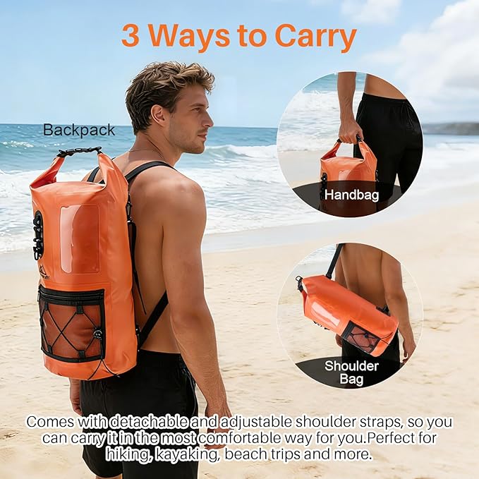 Waterproof Dry Bag 500D PVC Roll Top Dry Sack with 3 Carrying Ways Lightweight Waterproof Bag for Kayaking Swimming Boating Paddle Boarding Hiking Beach(Orange 25L)