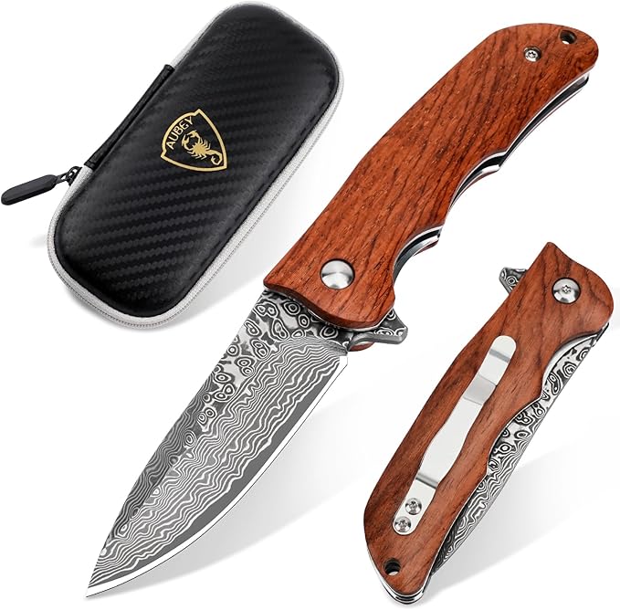 AUBEY Damascus Folding Knife with Wooden Handle