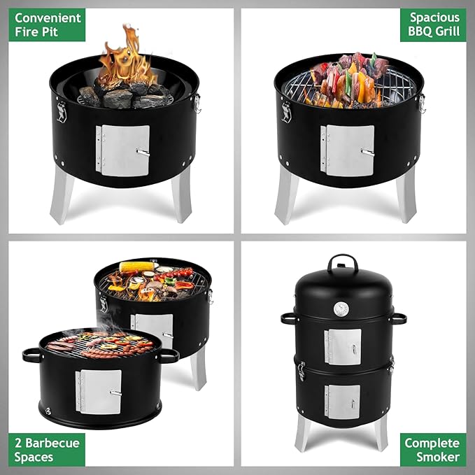 LEADZM 3-in-1 Vertical Charcoal Grill Outdoor BBQ Charcoal Smoker with Built-in Thermometer Air Vent and 2 Access Doors Perfect for Camping Picnics Backyard BBQs and Tailgating Parties