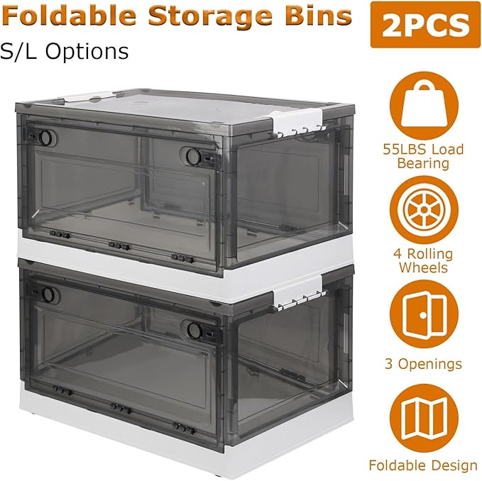 2-Pack Foldable Storage Bins with Double Doors and Wheels Stackable Box