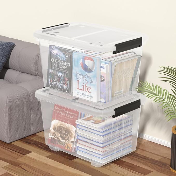 4-pack 50 Quarts Lidded Storage boxes Large Clear Plastic Bins with Wheels
