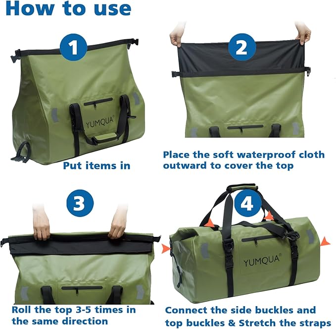 YUMQUA Waterproof Duffel Bag Motorcycle Duffle Bag Heavy Duty Roll Top Large Dry Bags Waterproof with Durable Straps &amp Handle for Travel Outdoor Boating Rafting Kayaking Camping Paddle boarding
