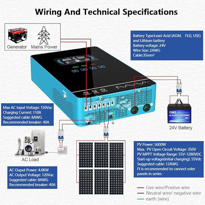 Y&ampH 4000W Hybrid Solar Inverter DC24V 120VAC Pure Sine Wave Output Battery-Free Starting Built-in 140A MPPT Charger 6.25 Touch LCD UPS/Line/Battery Mode for Off-Grid Home/RV/Energy Storage Sy
