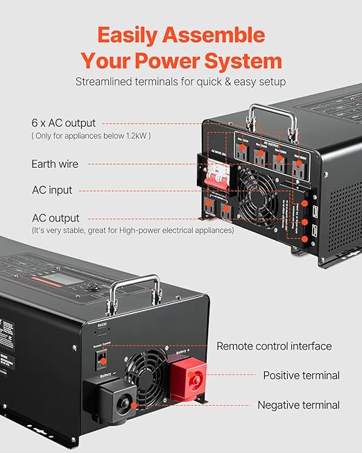 VEVOR Pure Sine Wave Inverter Charger 6000 Watt DC 48V to AC 120V Battery Charger with LCD Display Remote Control Solar Inverter for Off-Grid Solar RV Boat Home Compatible with Various Batteries