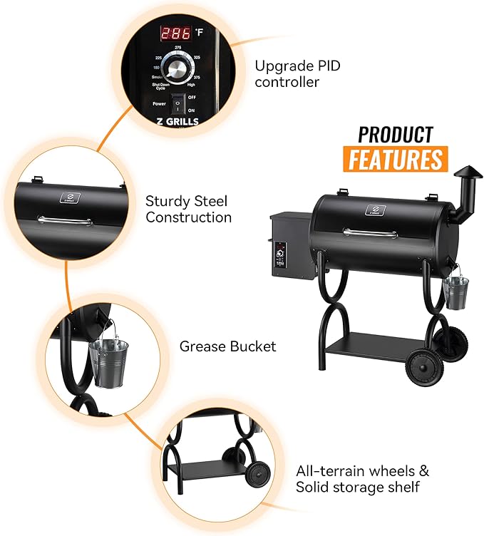 Z GRILLS ZPG-550B Wood Pellet Smoker Grill Auto Temperature Control 553 sq in Cooking Area 8 in 1 Grill for Outdoor BBQ Black