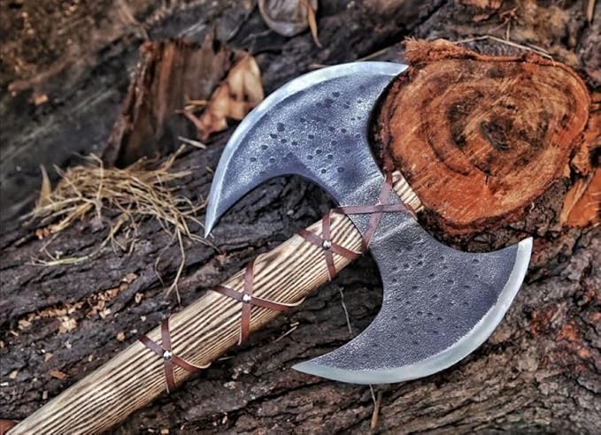 Hand Forged Carbon Steel Medieval Warrior Double Head Axe Viking Double Sided Axe with Ash Wood Handle and Leather Sheath Best for Hunting Camping and Collection