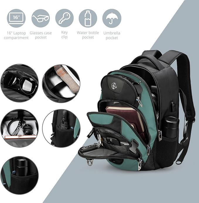 Swissdigital Design Laptop Backpack with USB Charging Port Travel Backpack Fits 15.6 inches Computer 31L College School Backpack for Men Lake Green/Black | SD803-27