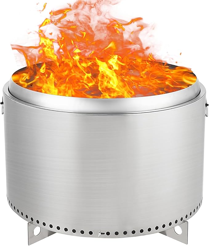 27 in Smokeless Fire Pit with Air Switch Wood Burning Portable Stainless Steel Outdoor Firepit with Removable Stand &amp Stove Hook Ash Pan for Camping Backyard Patio Picnic H: 20 in 35 LBS