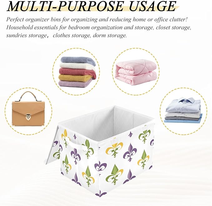 Mardi Gras Storage Baskets with Lids Collapsible Bins Stackable Fabric Large Linen Baskets Closet Organizer Container 16.5x12.6x11.8