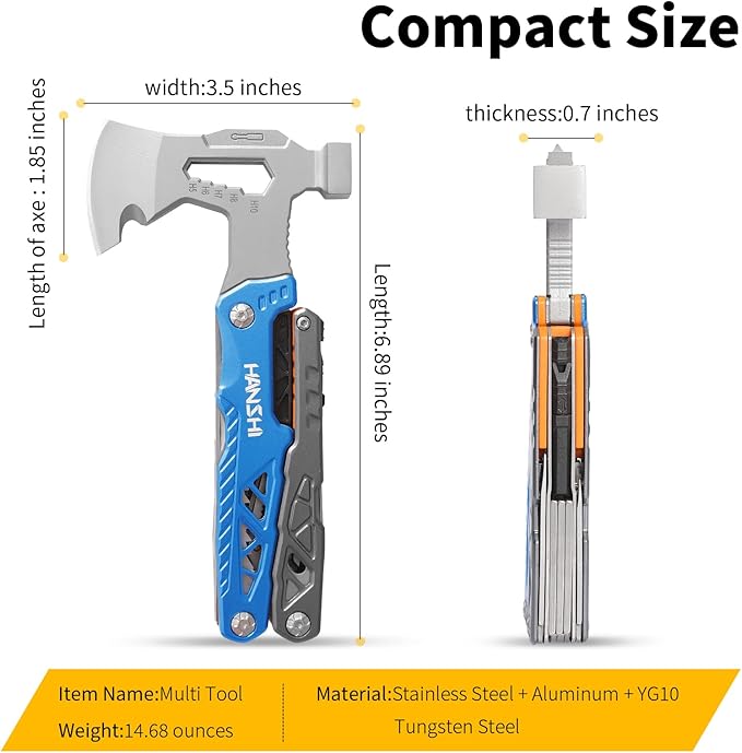 HANSHI Camping Axe Multitool with YG10 Tungsten Steel Replaceable Wire Cutters for Gift17 in 1 Multi Tool with Spring-Action PliersKnifeScrewdriverFlint RobSafty Whistle with Nylon Sheath (Blue)