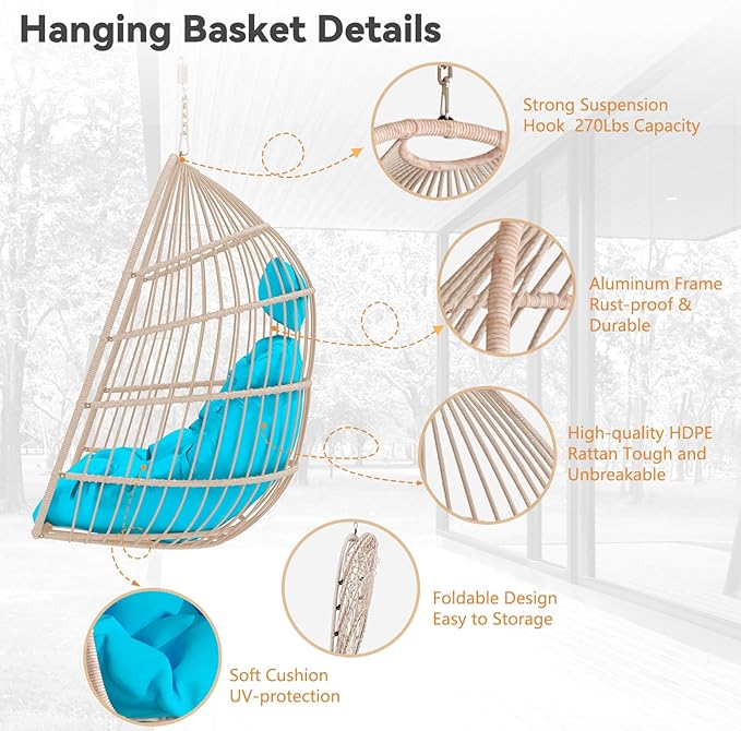 Hanging Egg Chair with Pillow HDPE Rattan Foldable Swing Chair with Aluminum Frame &amp UV Resistant Cushion Hammock Egg Basket Without Stand for Indoor Outdoor 350Lbs Capacity (Blue Cushion)