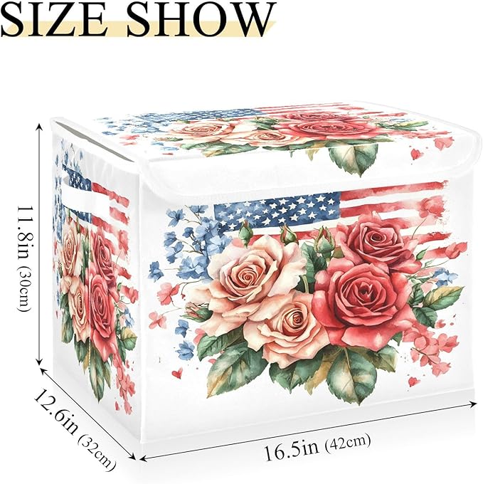 senya July Fourth Baskets Collapsible Storage Bins with Lids Roses Gypsophila Flag Storage Boxes Clothes Baskets for Organizing