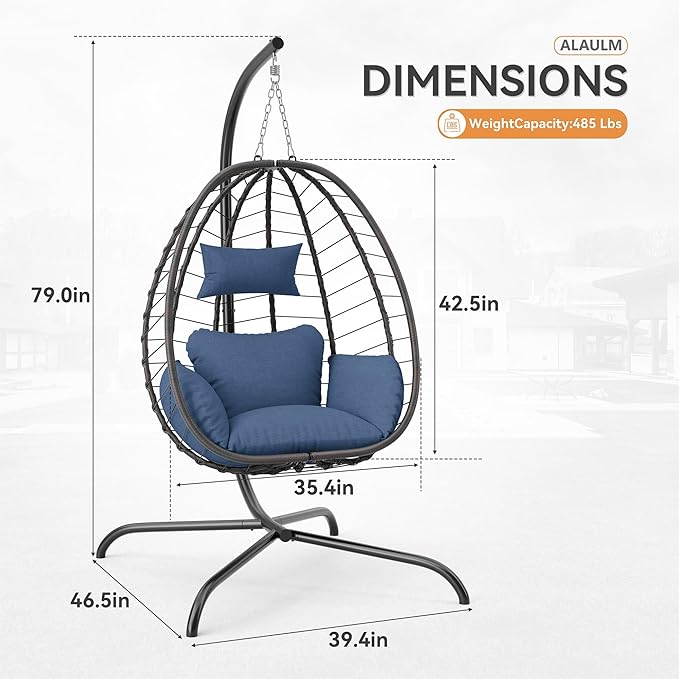 ALAULM Foldable Egg Chair with Stand 485LBS Capacity Wicker Rattan Hammock Swing Chair for Outdoor &amp Indoor Patio Hanging Chair with Strong Frame &amp UV Resistant Cushion for Balcony Bedroom