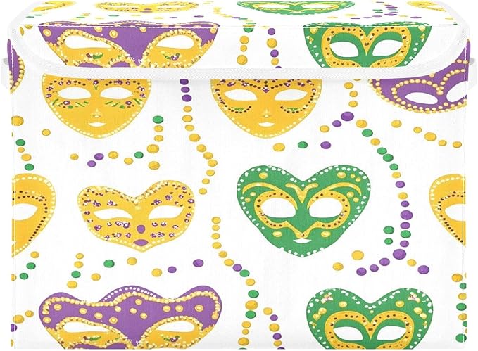 Mardi Gras Mask Fabric Storage Bins with Lids and HandleFoldable Storage Bins with LidsCloset Organizers for Clothes Storage Room Organization Office Storage Chest Organizer