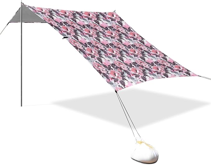 ALAZA Pink Peony Flower Watercolor Beach Tent Sun Shelter UPF50+ Protection Beach Shade Canopy w/ 4 Sandbags for Outdoor Camping Fishing Backyard Fun Picnic 10x9 ft