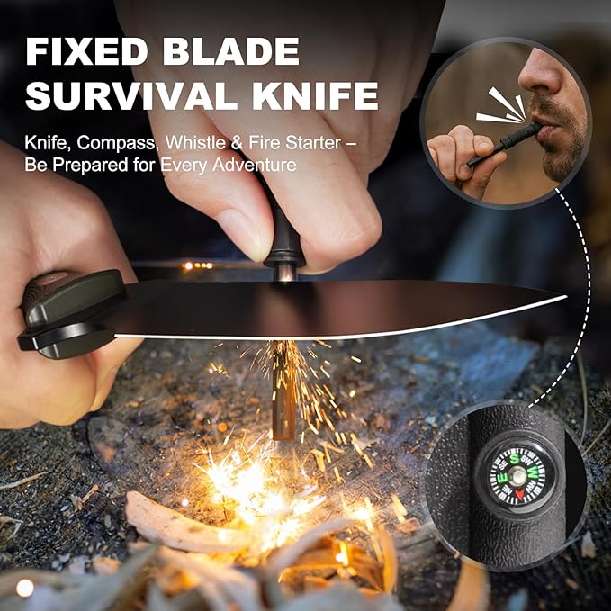 Full Tang Survival Knife YS-X1 - Razor Sharp Fixed Blade with Sheath 8Cr14MoV Steel for Camping &amp Bushcraft Includes Fire Starter &amp Tools