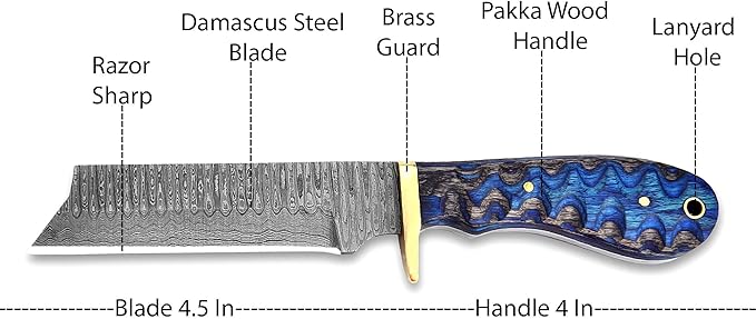 8 Handmade Damascus Bull Cutter Knife with Pancake Sheath - Western Cowboy knife for Hunting Skinning Camping and outdoor activities
