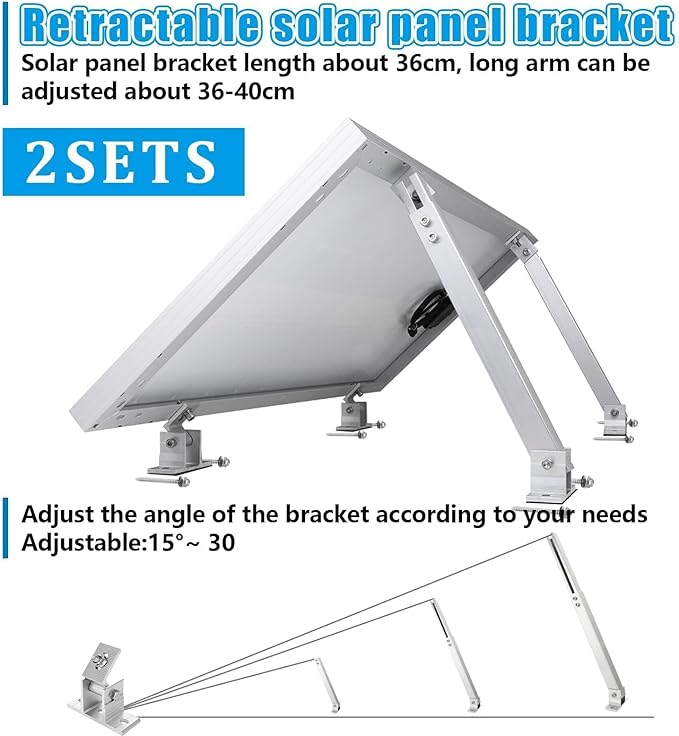 2 Set Adjustable Solar Panel Tilt Mount Bracket Aluminum Alloy Solar Panel Mounting Support up to 50 70 100 150 200 300 400 Watt Solar Panel for Flat Surface Roof RV Boat Off-Grid (Mount Only) Silver