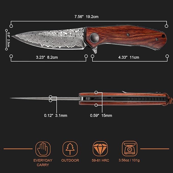 AUBEY Damascus Folding Knife with Wooden Handle