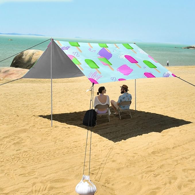 xigua Ice Sucker Beach Tent Sun Shelter with Carrying Bag - Silver Coated Oxford Fabric Beach Canopy for Beach Camping Fishing - Includes Windproof Ropes Sandbags &amp Stakes