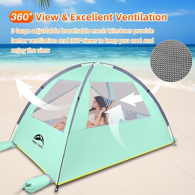 Happy Travel Beach Tent UPF 50+ UV Protection Sun Shade Shelter for 3/4/5/6/7/8 Person Portable Beach Canopy for Family &amp Baby Lightweight &amp Easy Setup Beach Cabana with 3 Ventilation Mesh